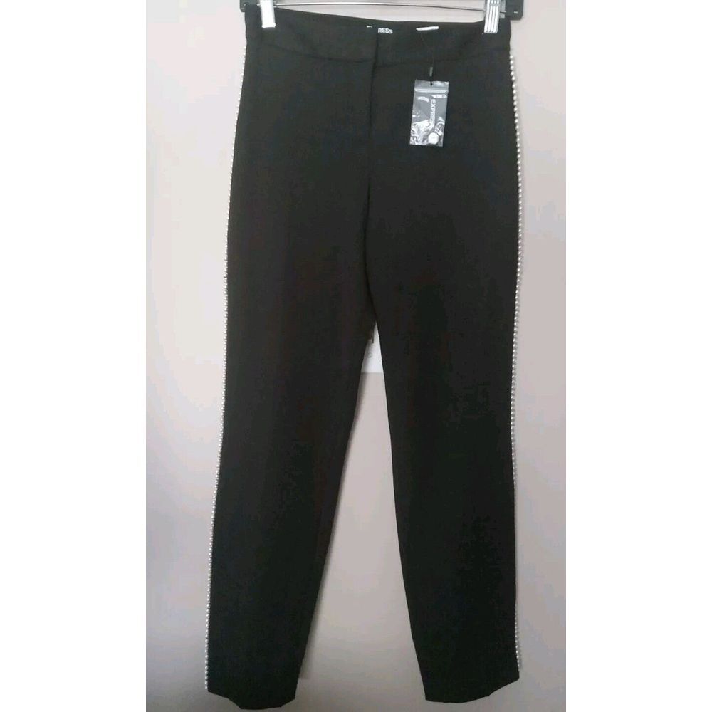 Express Women Black Stretch Pearl Detail Stretch Ankle Trousers Pants Size‎ XS